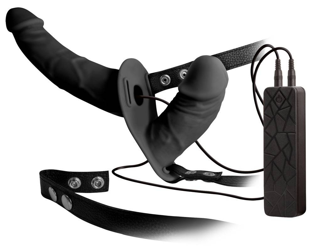 Strap-On Duo Vibrační silikonový připínací penis - černý