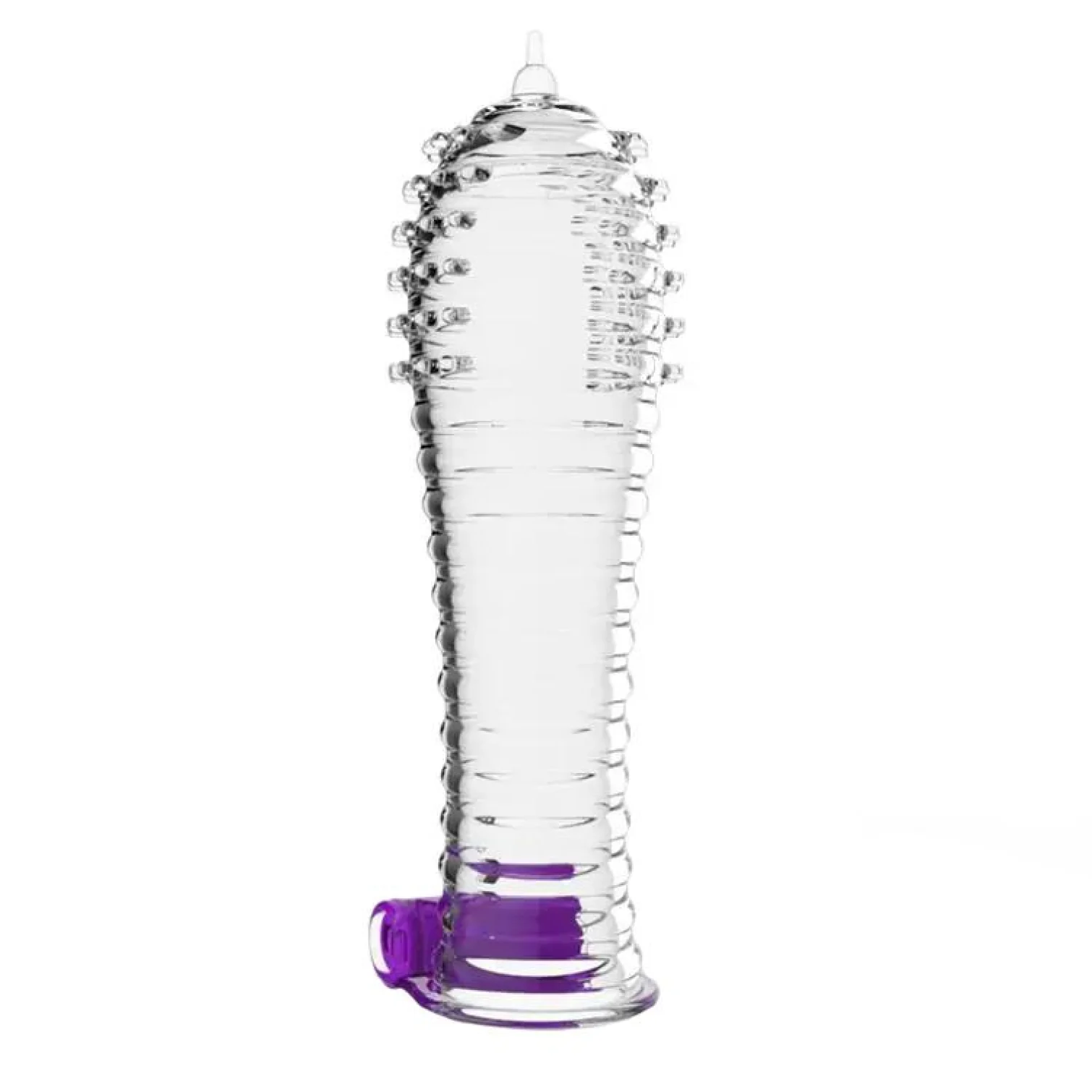 BASIC X ForBoth Two průhledný vibrační návlek na penis s nopky a fialovým ovládacím prvkem u paty.