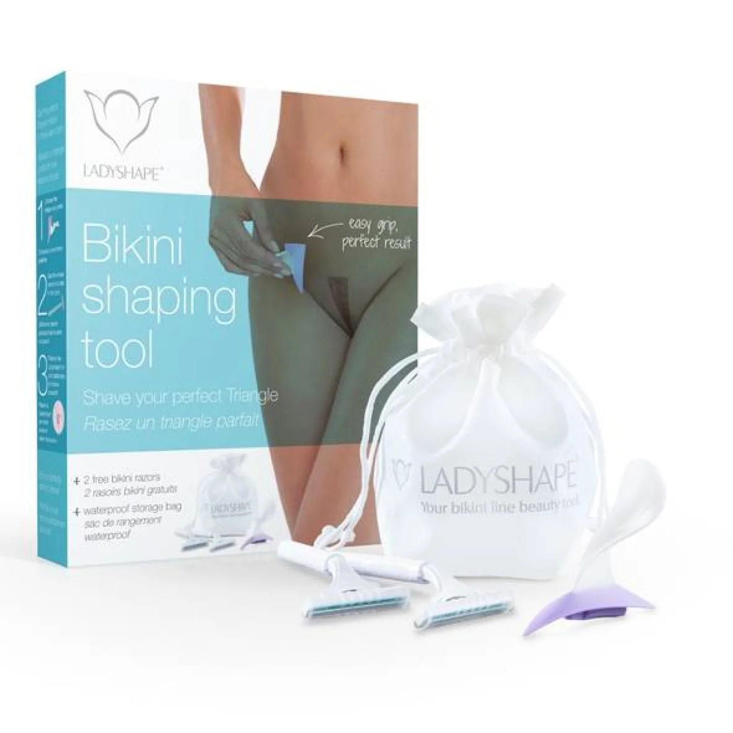 Ladyshape Triangle šablona na holení klínu + 2 žiletky a sáček - Výhodné balení!
