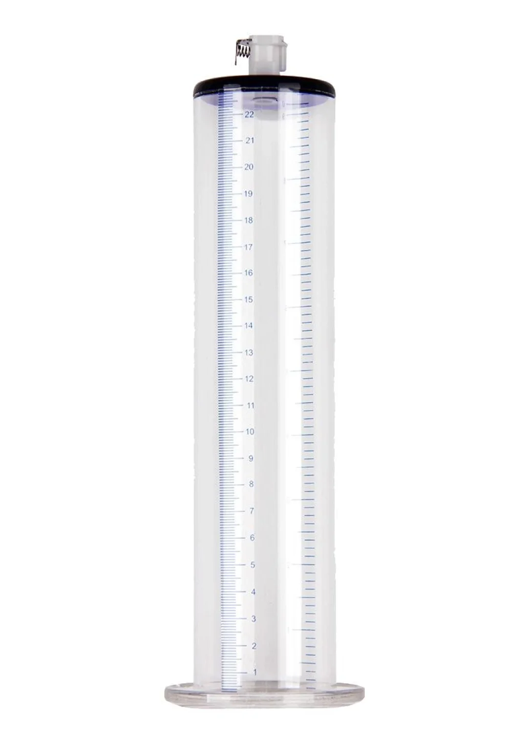 BOOM LuvPump Vacuum Master XXL válec k vakuové pumpě, průhledný s modrým měřítkem a černým uzávěrem.