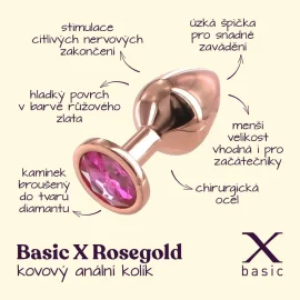 BASIC X Rosegold kovový anální kolík s kamínkem růžový vel. S