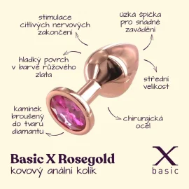 BASIC X Rosegold kovový anální kolík s kamínkem růžový vel. M