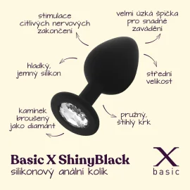 BASIC X ShinyBlack - silikonový anální kolík s kamínkem M