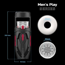 Černý a červený masturbátor Erospace Mens Play B1 s rozměry 268,5 × 94,5 mm a průřezy 30 mm
