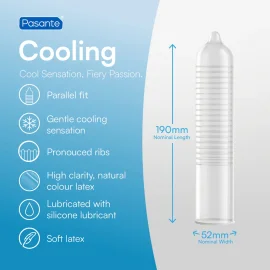 Obrázek transparentního kondomu Pasante Cooling s drážkami a rozměry 190 mm na délku a 52 mm na šířku