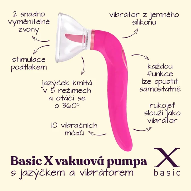 BASIC X vakuová pumpa s jazýčkem a vibrátorem  3v1 růžová