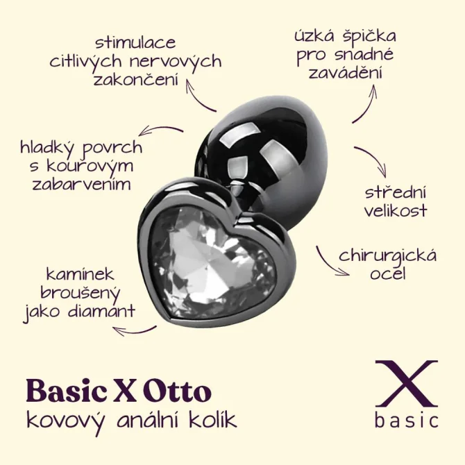 BASIC X Otto kovový anální kolík  s kamínkem velikost M čirý