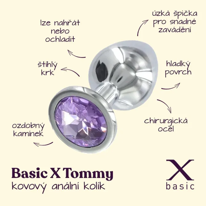 BASIC X Tommy kovový anální kolík s fialovým kamínkem