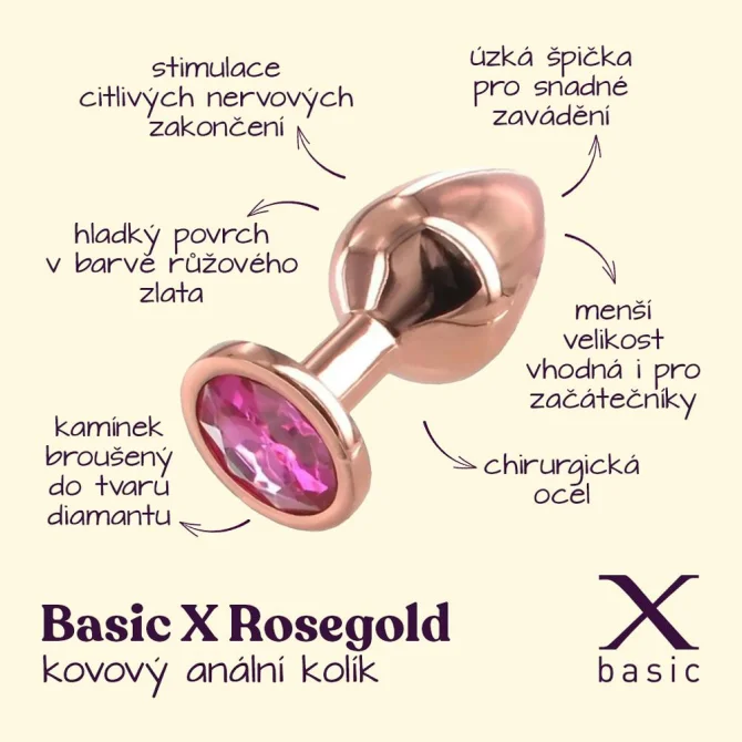 BASIC X Rosegold kovový anální kolík s kamínkem růžový vel. S