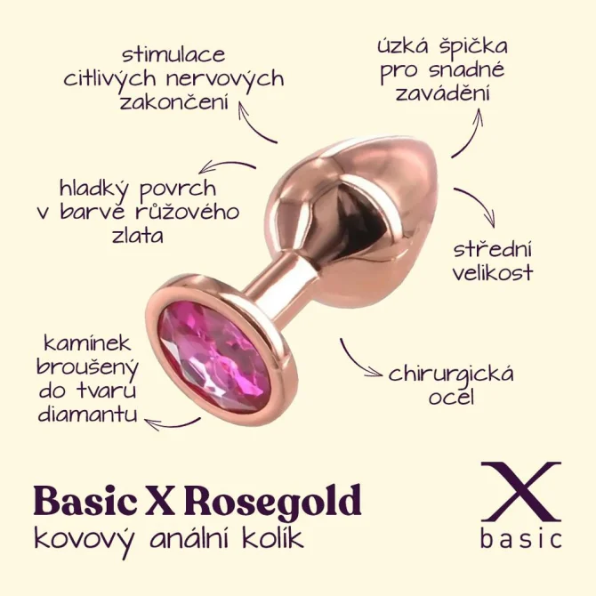 BASIC X Rosegold kovový anální kolík s kamínkem růžový vel. M