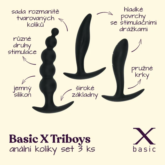 BASIC X TriBoys anální kolíky nevibrační set 3 ks černé