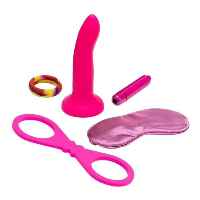 BASIC X Jenny růžová pětidílná sada s análním kolíkem, vibračním patronem, pouty, kroužkem a maskou na oči.