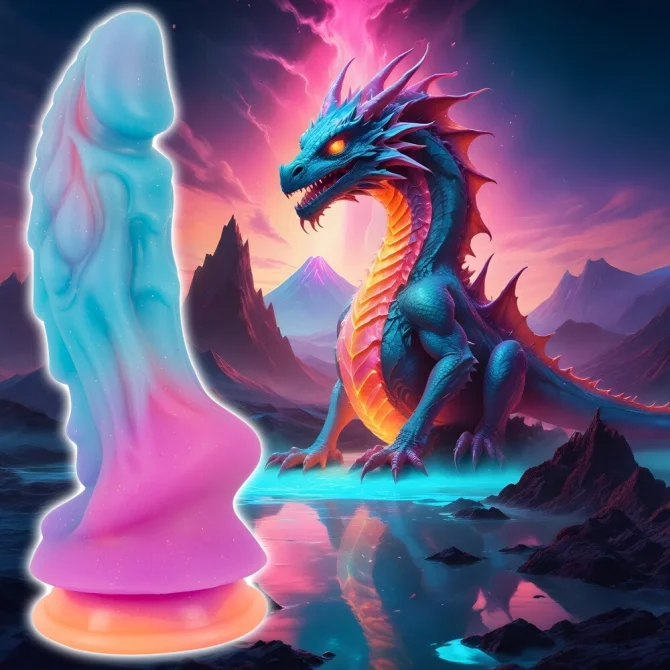 Barevné dildo Beasty Cocks Supernatural s výraznými reliéfy vedle ilustrace modrého draka v krajině