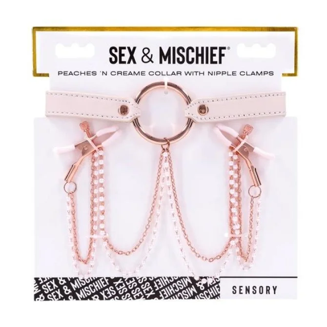 Sportsheets S&M Peaches´n creame obojek se svorkami na bradavky.