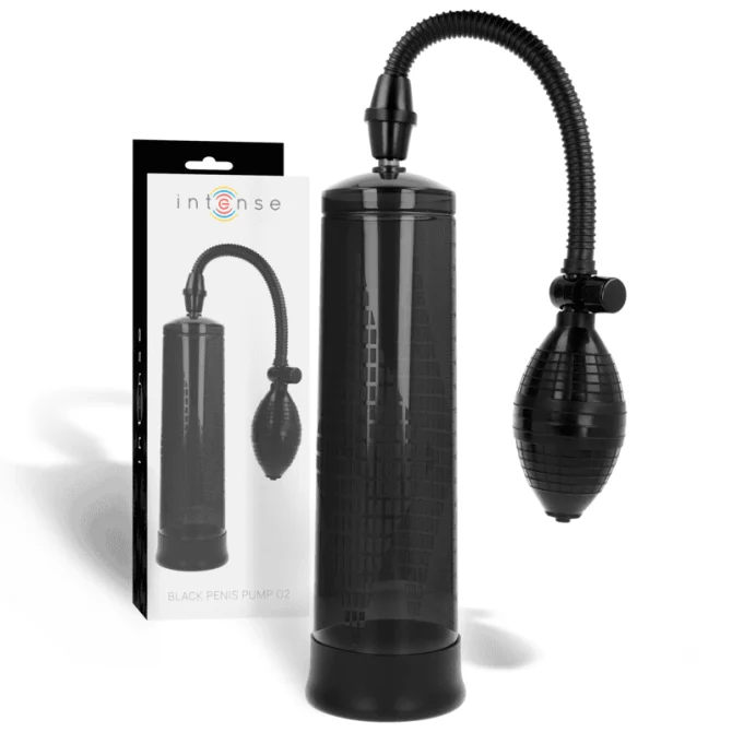 Černá vakuová pumpa Intense Pump 02 se světlým základním válcem a nafukovací perlou na ohebném hadici