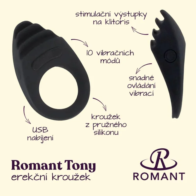 Romant Tony erekční kroužek  vibrační černý