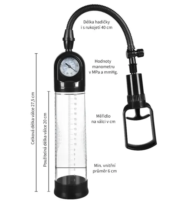 BASIC X vakuová pumpa s manometrem, hadička s rukojetí 40 cm, válec s měřidlem v cm a min. vnitřním průměrem 6 cm.