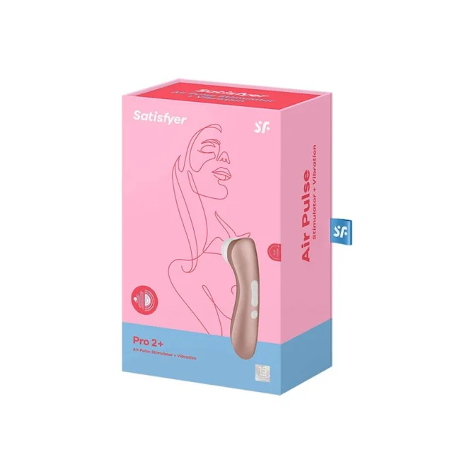 Balení SATISFYER PRO 2 Vibration v růžovo-modré krabičce s ilustrací ženské postavy a zobrazením přístroje.