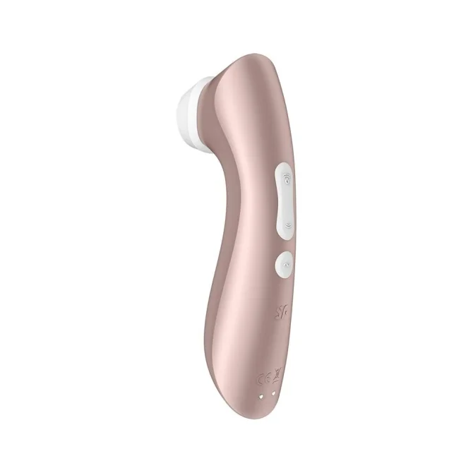 SATISFYER PRO 2 Vibration v růžovošedé barvě s bílým silikonovým nástavcem a ovládáním na těle produktu.