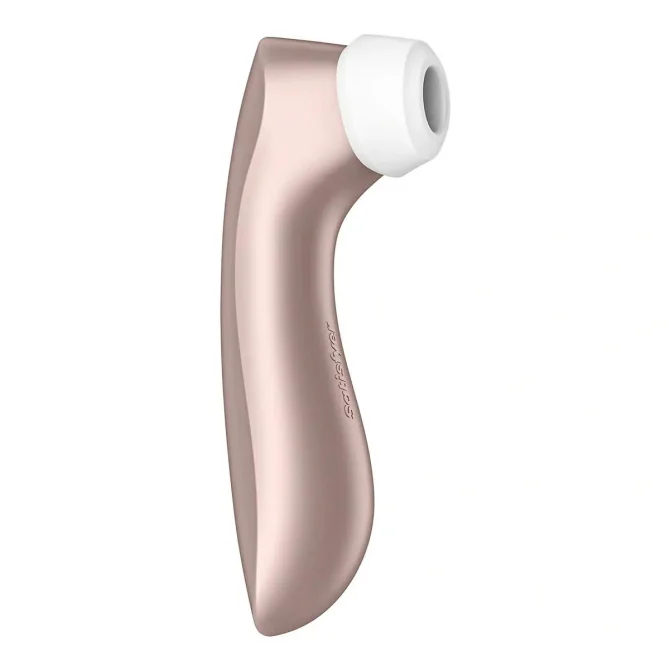 SATISFYER PRO 2 Vibration růžový stimulátor klitorisu s bílým silikonovým nástavcem nahoře.