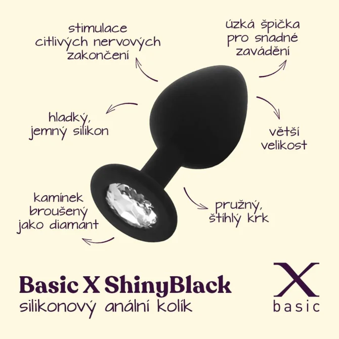 BASIC X ShinyBlack - silikonový anální kolík s kamínkem L