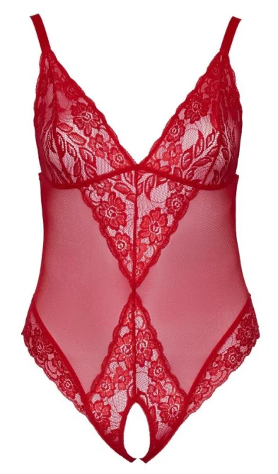 Červené dámské krajkové body Cottelli Curves s průsvitnou síťovinou a vykrojením vzadu i vpředu