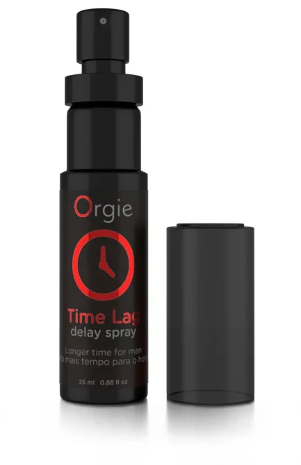 Černý sprej Orgie Time Lag na oddálení ejakulace 25 ml s odklopeným víčkem vedle lahvičky