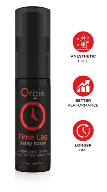 Černý sprej Orgie Time Lag na oddálení ejakulace 25 ml s ikonami bez anestetik a delší výdrže