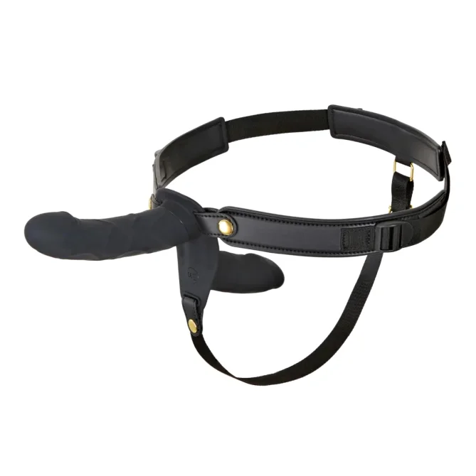Černý vibrační strap-on Hidden Desire Double s dvěma silikonovými dildy a nastavitelným pásem