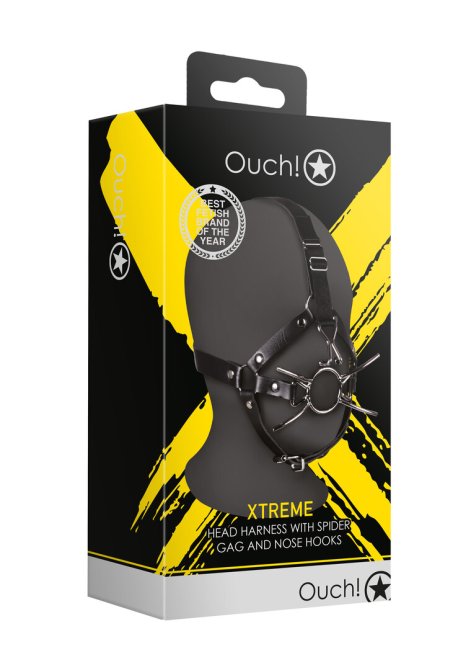 Ouch! Xtreme Postroj na hlavu s kovovým roubíkem a nosním hákem