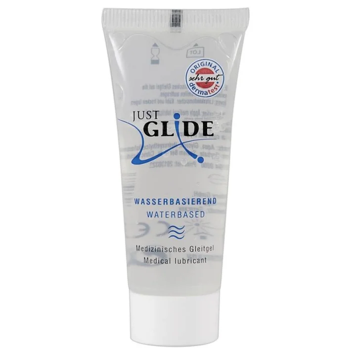 Průhledná tubička waterbased lubrikačního gelu Just Glide 50 ml s bílým uzávěrem
