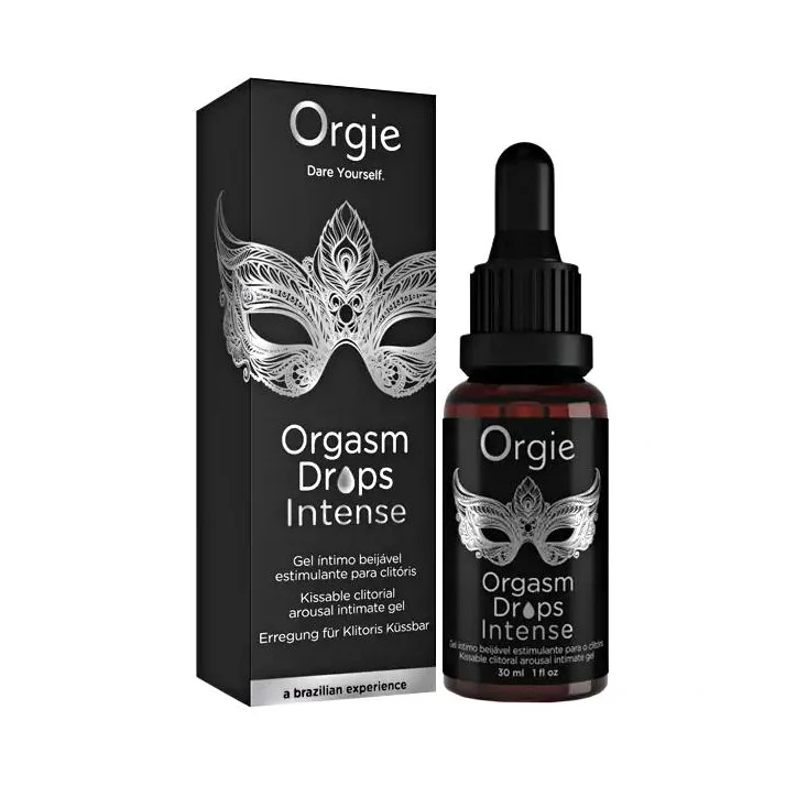 Černá krabička a lahvička stimulační esence ORGIE Orgasm Drops Intense 30 ml