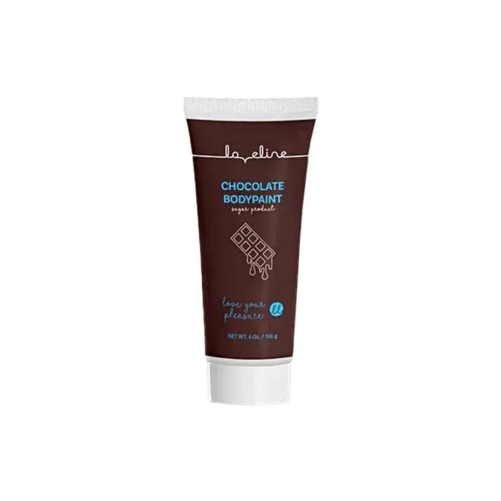 Tube bodypaintu k malování na tělo s čokoládovým motivem a modrým nápisem CHOCOLATE BODYPAINT