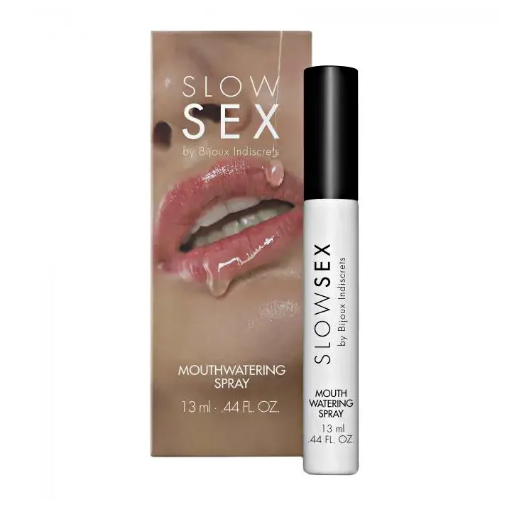 Bílý sprej Slow Sex Mouthwatering 13 ml vedle krabičky s fotografií rtů a textem produktu