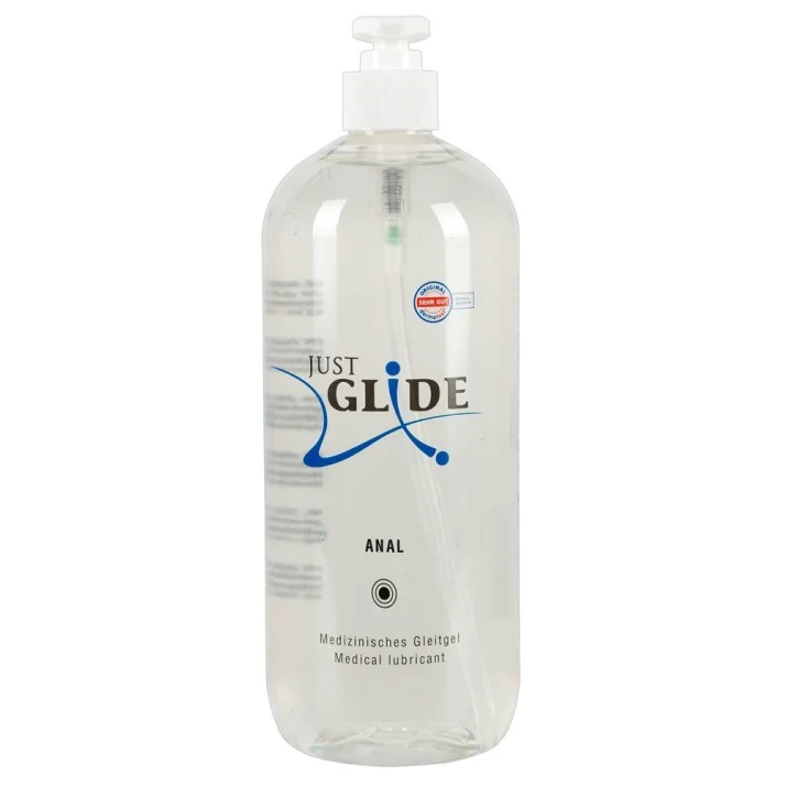 Průhledná plastová láhev análního lubrikačního gelu Just Glide s pumpičkou a modrobílým potiskem