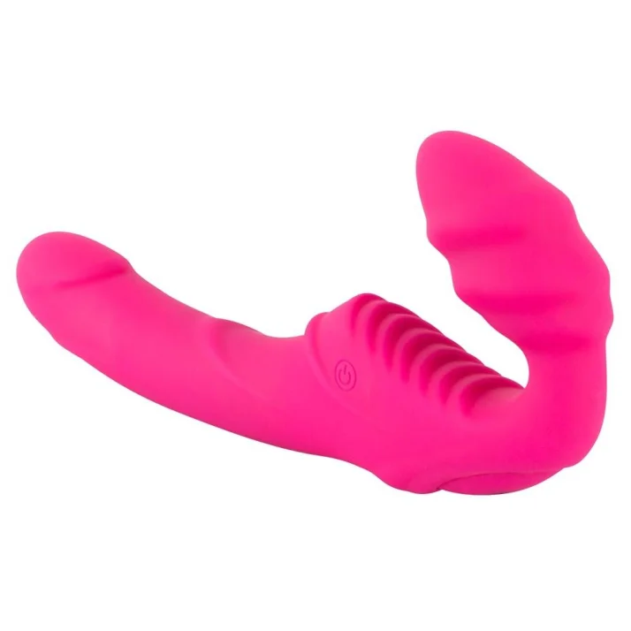 Růžový strapless strap-on vibrátor s drážkovaným a vroubkovaným masážním ramenem