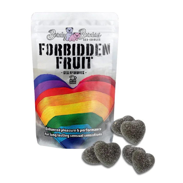 Bílé balení doplňku stravy Forbidden Fruit Gummies For Him and Her se srdcovými černými želé bonbóny