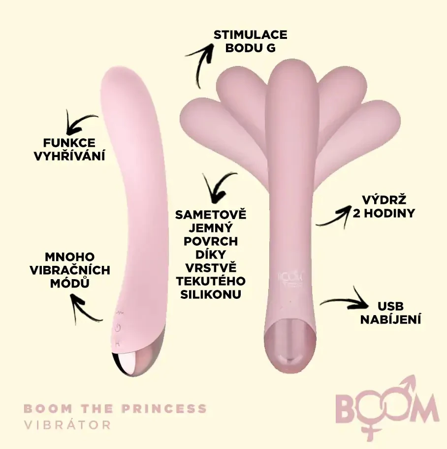 Infografika - popis funkcí vibrátoru BOOM The Prncess
